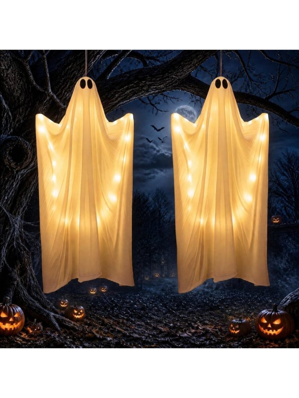 2 Pack 47" LED Halloween Hanging Ghost Decor - Spooky Light-Up Decorations